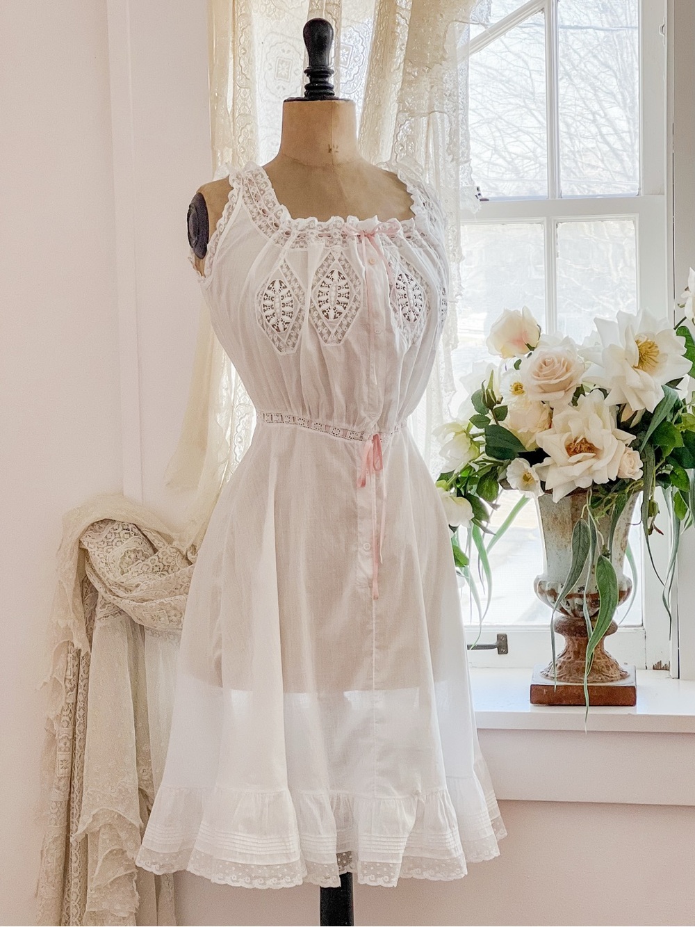 Edwardian White Lace Underdress with Pink Silk Ribbon Size XS